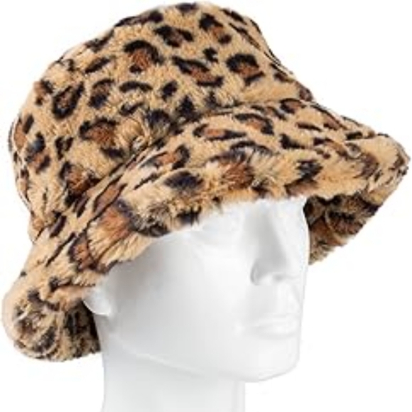 Jessica Simpson Tan Leopard Faux Fur Bucket Hat NWT - Picture 2 of 6